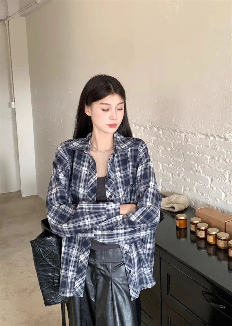Zoki American Y2K Plaid Shirt Women Loose Streetwear Long Sleeve Vintage Blouse Casual Oversize All Match Female Spring Tops New - AMULET RING STORE