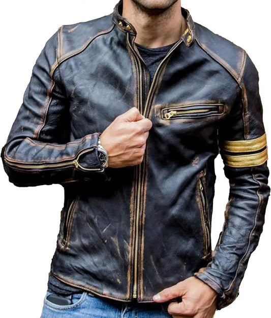 Men's Black Biker Vintage Motorcycle Distressed Cafe Racer Leather Jacket Classic Biker Jacket Aviator Motor Autumn Coats