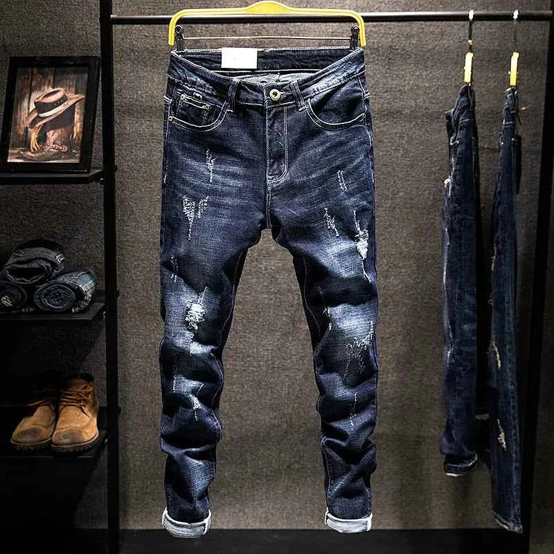 2025 New Ripped Jeans Men Slim-fit Denim Pants Cotton Korean Style Fashion Elasticity Versatile Blue Black Men's Clothing