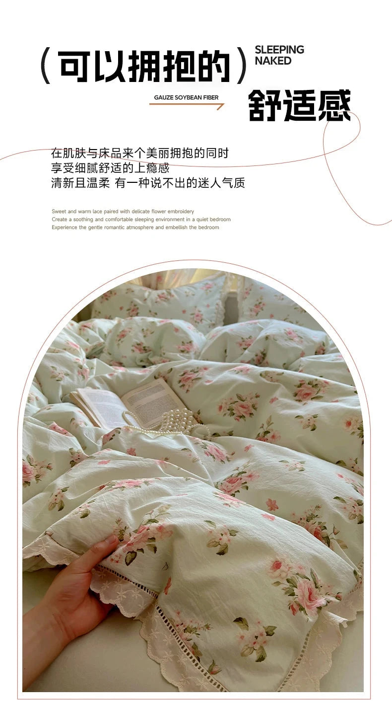 Washed Cotton Duvet Cover Sets Single/Queen/king Flower Printed Bedding Set Princess Style e housse de couette 220x240 with Lace - AMULET RING STORE