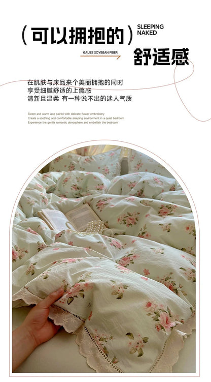 Washed Cotton Duvet Cover Sets Single/Queen/king Flower Printed Bedding Set Princess Style e housse de couette 220x240 with Lace - AMULET RING STORE