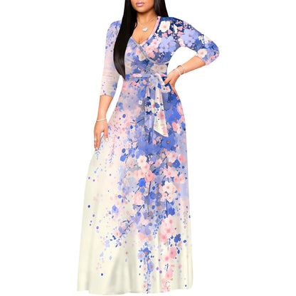 Floral V-Neck 3/4 Sleeve Wrap Maxi Dress with Belt - Women's Bold Elegant Party Evening Resortwear Date Night