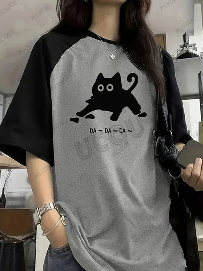 2025 Summer New Funny Cat Printed T-Shirt For Women Patchwork Short Sleeve Harajuku Tees Football Jersey Y2K Sports Loose Tops - AMULET RING STORE