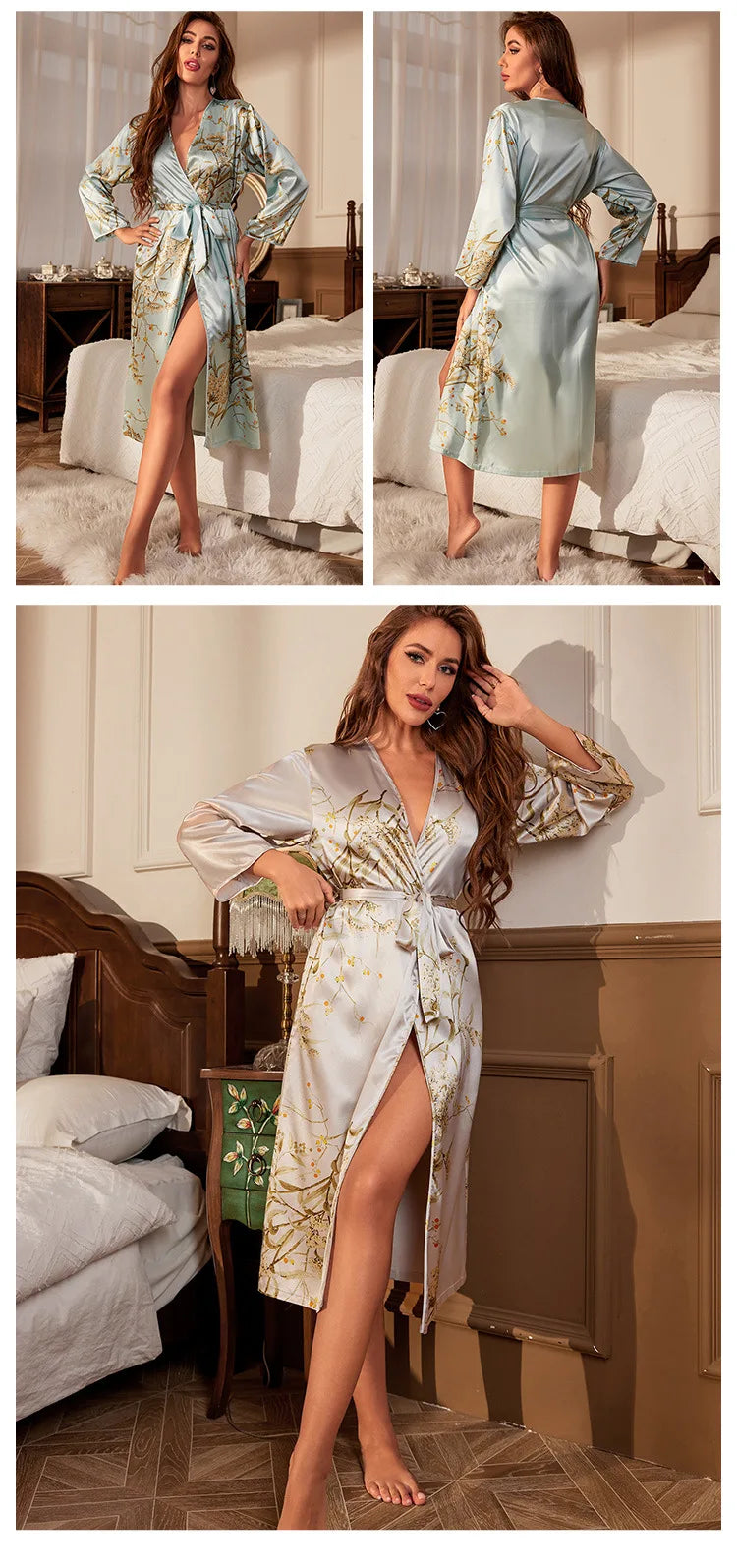 Black Print Flower Long Robe Nightgown Silk Satin Female Sleepwear Nightdress Spring Summer Loose Kimono Bathrobe Gown Home Wear