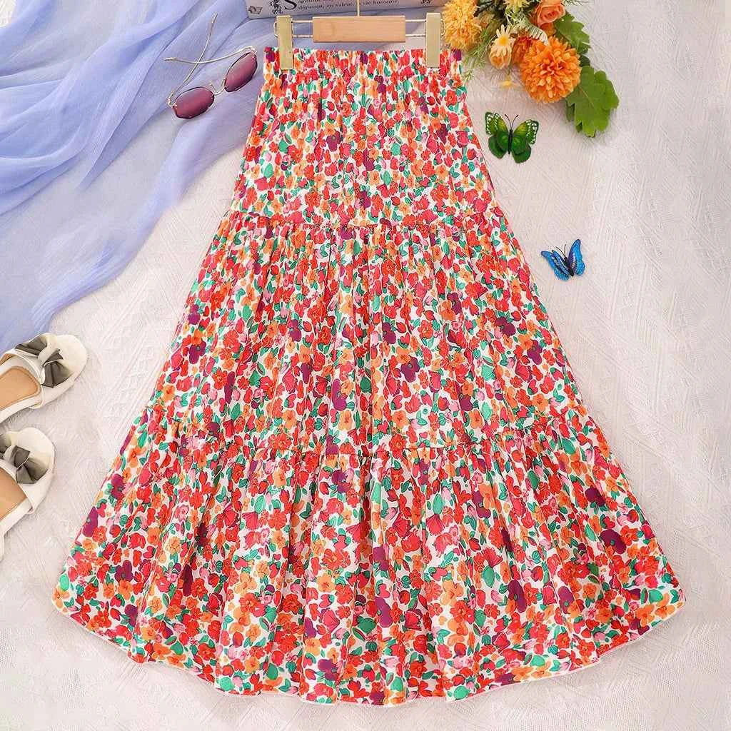 Long Skirt Teens Girls Clothing 8 9 10 11 12 Y Summer Style Casual Fashion Floral Butterfly A-Line Birthday Gift Children Skirt