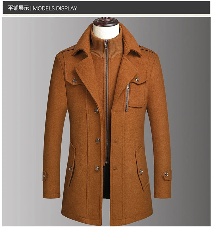 Men's Double Collar Wool Coat  Fashion Handsome Autumn Winter Business Style High Quality Middle-aged Men's Fashion Woolen Coat