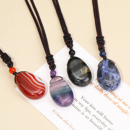 Casual Simple Natural Water Droplet Pendant Necklace Amethyst Opal Obsidian Red Agate Pendant Adjustable Cord Chain Necklace