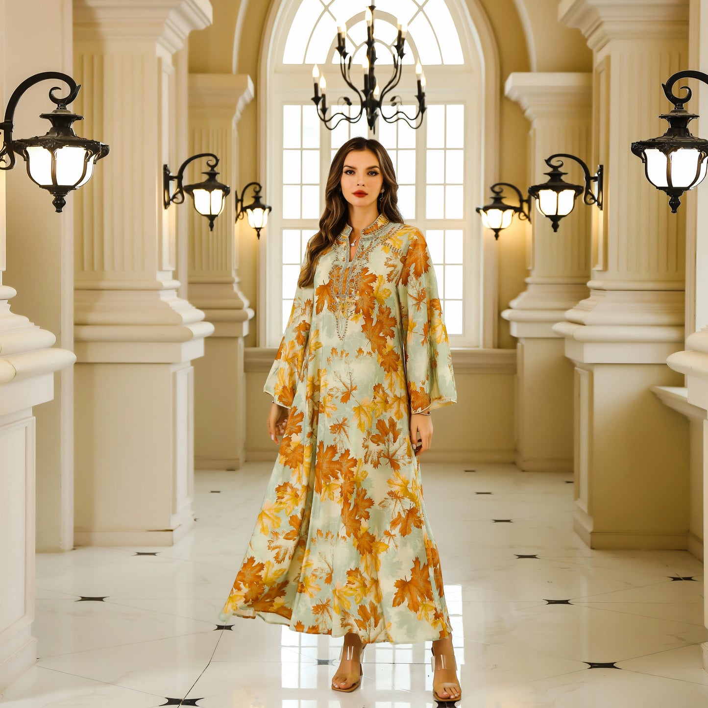 Elegant Middle Eastern Abaya Dress - Long Sleeve Geometric Print Loose Fit Kaftan with Embroidery Detail, Floor-Length Muslim Dr - AMULET RING STORE