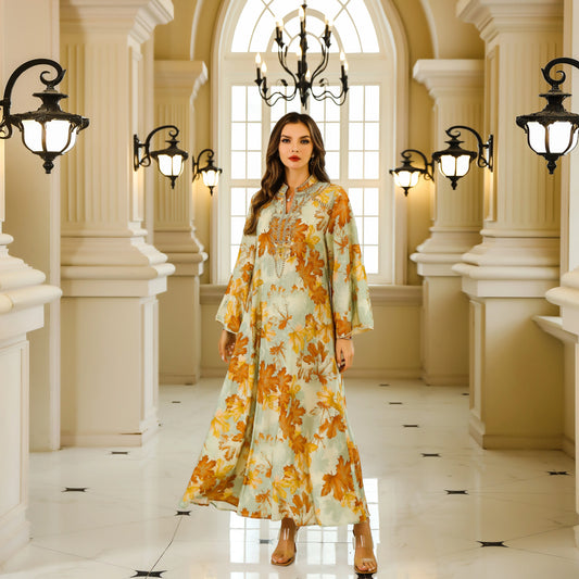 Elegant Middle Eastern Abaya Dress - Long Sleeve Geometric Print Loose Fit Kaftan with Embroidery Detail, Floor-Length Muslim Dr - AMULET RING STORE