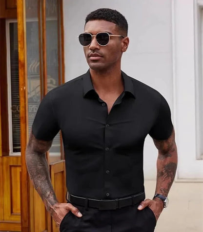 High Quality Summer Business Shirts For Men Short Sleeve Button Wrinkle Free Elasticity Social Black Office Dress Shirts US Size