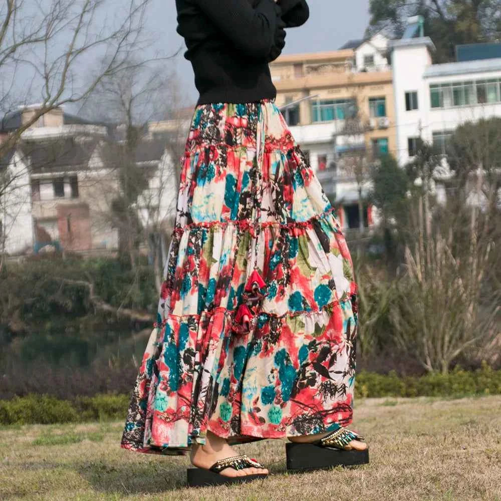 TIYIHAILEY Long Maxi A-line Elastic Waist Women Summer Spring S-2XL Cotton Linen Print Big Hem Vintage Skirts 2025