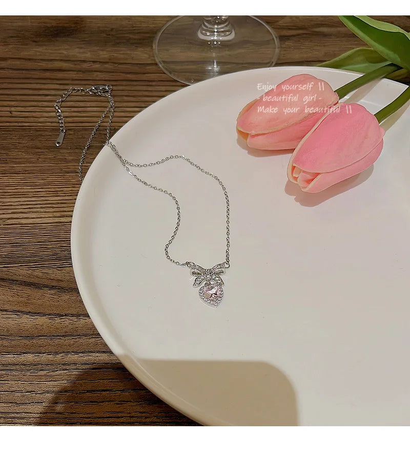 Korean Fashion Pink Crystal Heart Bow Tie Pendant Necklace Silver Color Chain Neck Necklace for Women Wedding Aesthetic Jewelry