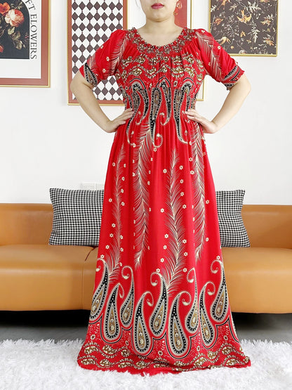 New Summer Women Abaya Short Sleeve Dashiki Floral Collect Waist Loose Maxi Robe Floral Femme Musulmane African Printing Abaya