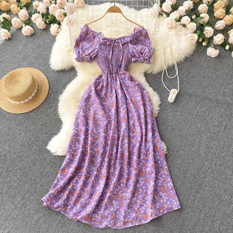 YuooMuoo Romantic Floral Print Long Dress 2024 New Summer Off Shoulders Puff Sleeve Big Swing Women Dress Korean Party Vestidos