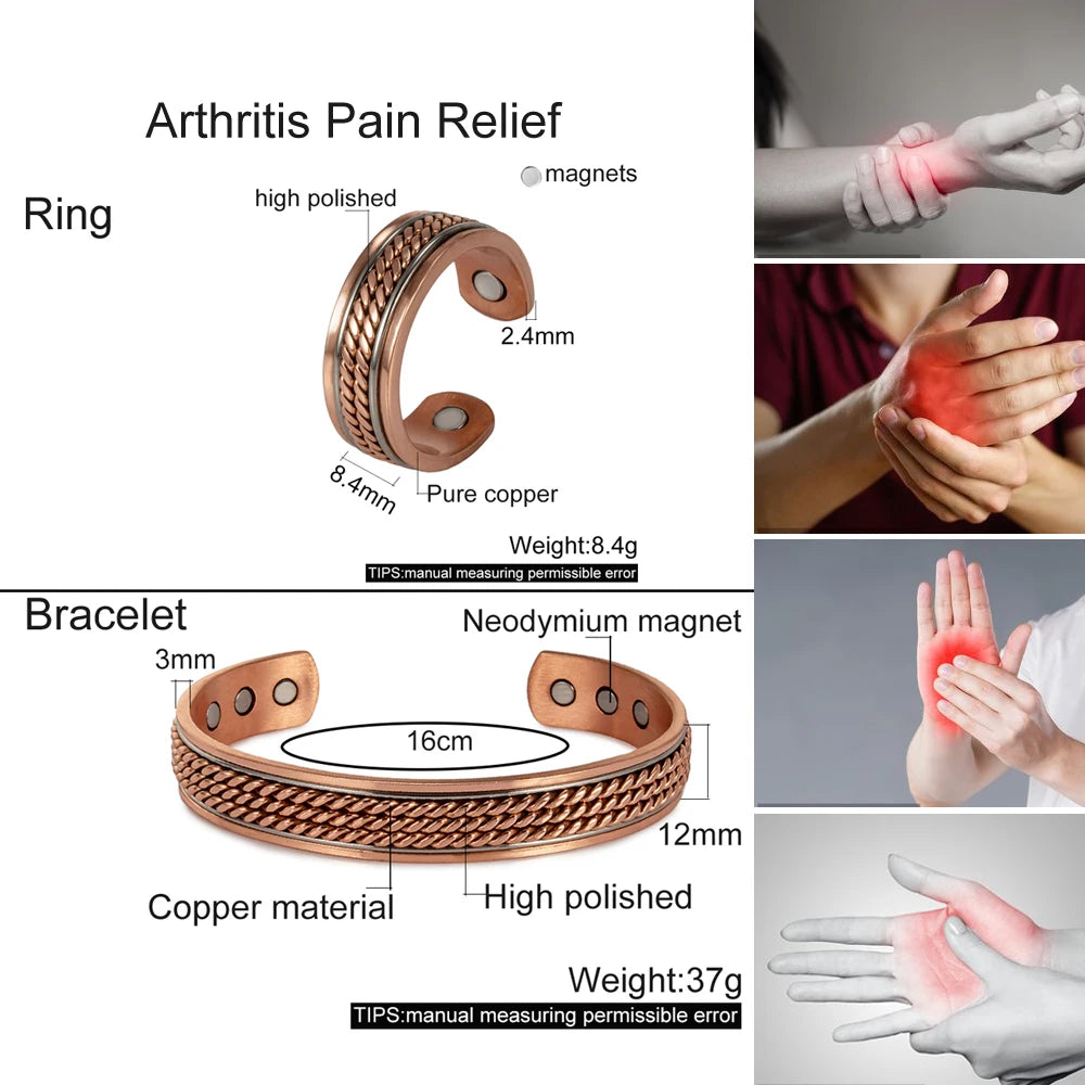 Twisted Magnetic Pure Copper Jewelry-Set Adjustable Bracelet Ring Magnet Resizable Health Arthritis Jewelry Set for Women Men