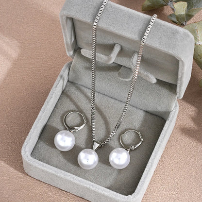 LATS 3 Pcs/Set Round Pearl Pendant Necklace For Women Exquisite Fashion Rhinestone Double  Earring Wedding Jewelry Set Gift