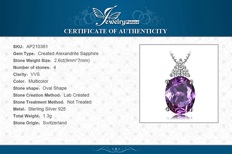 JewelryPalace Oval Purple Created Alexandrite Sapphire 925 Sterling Silver Pendant Necklace Gemstone Statement Necklace No Chain