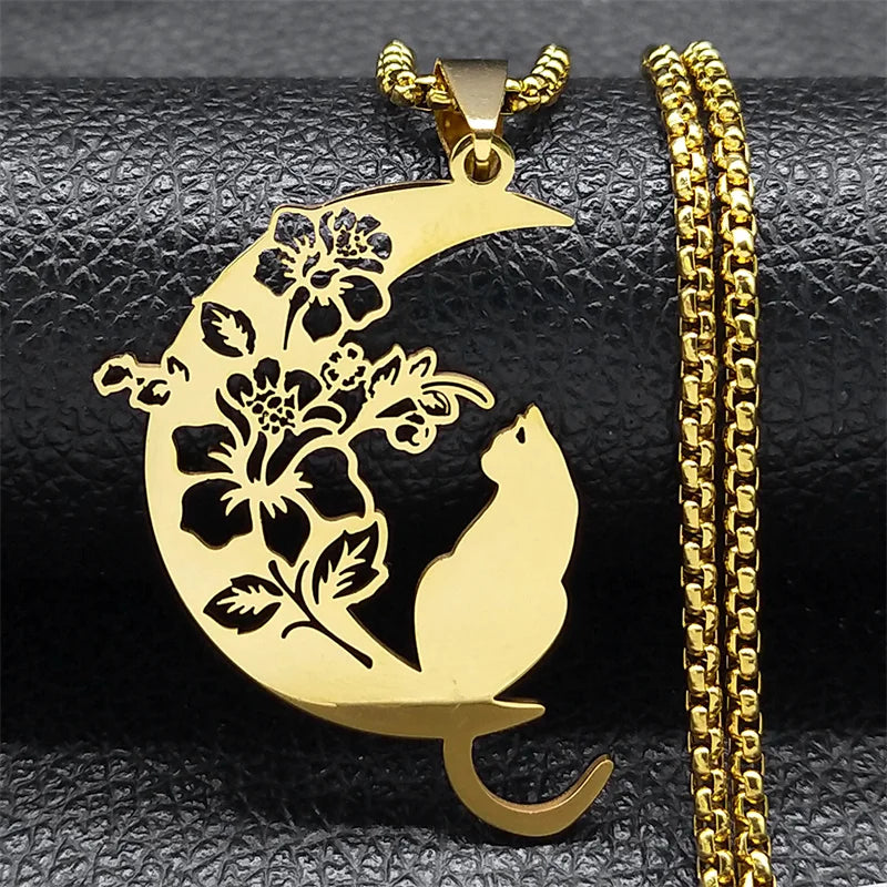 Aesthetic Cat Flower Moon Crescent Necklace for Women Men Stainless Steel Silver Color Bohemia Chain Gift Jewelry collar 3220