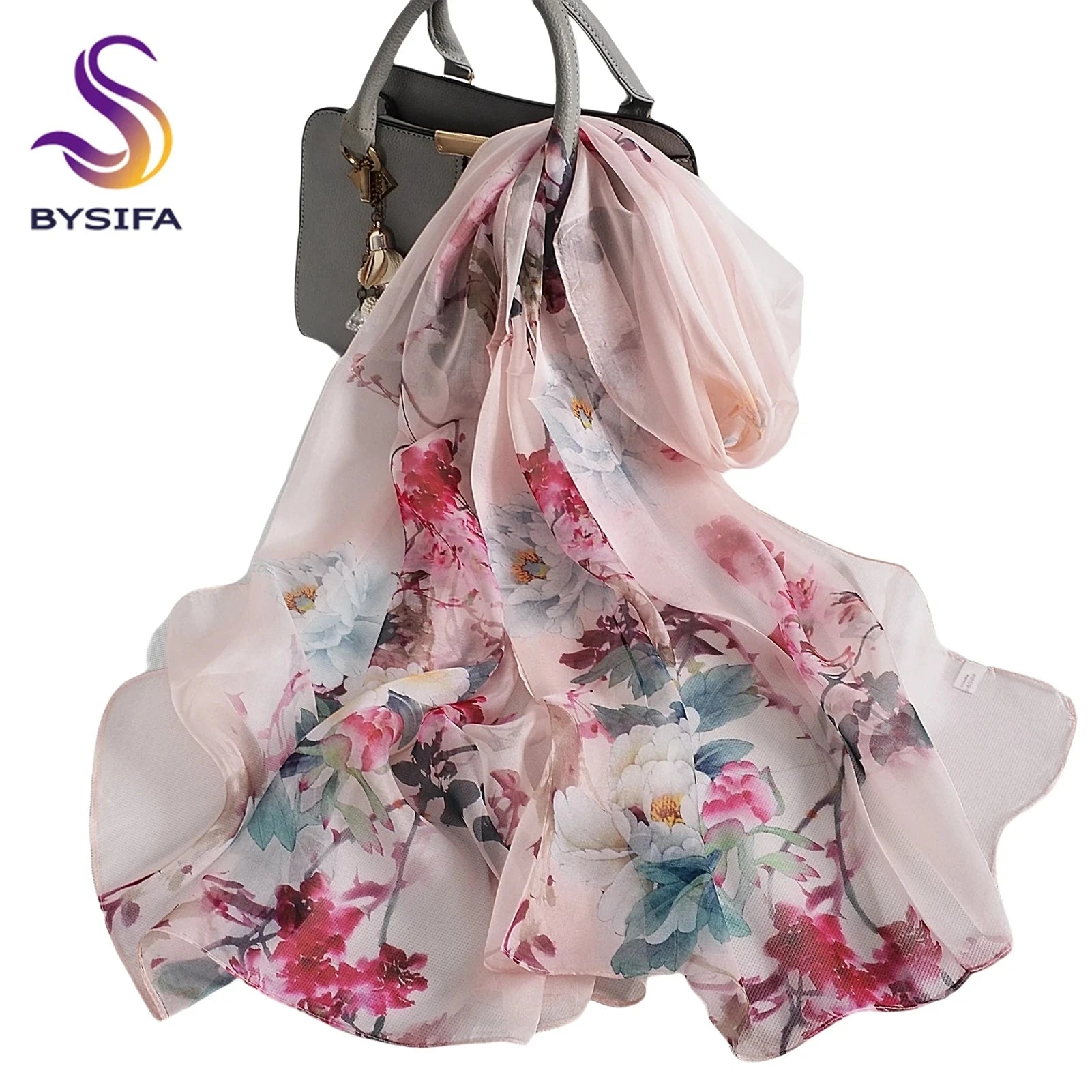 [BYSIFA] Women Chiffon Pure Silk Scarf Cherry Blossom Floral Design Long 100% Silk Shawl Scarf Purple Pink Silk Scarves Echarpes