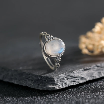 Natural Moonstone Ring 925 Sterling Silver Adjustable Vintage Boho Jewelry 10x8mm Oval Gemstone Healing Crystal Gift - AMULET RING STORE
