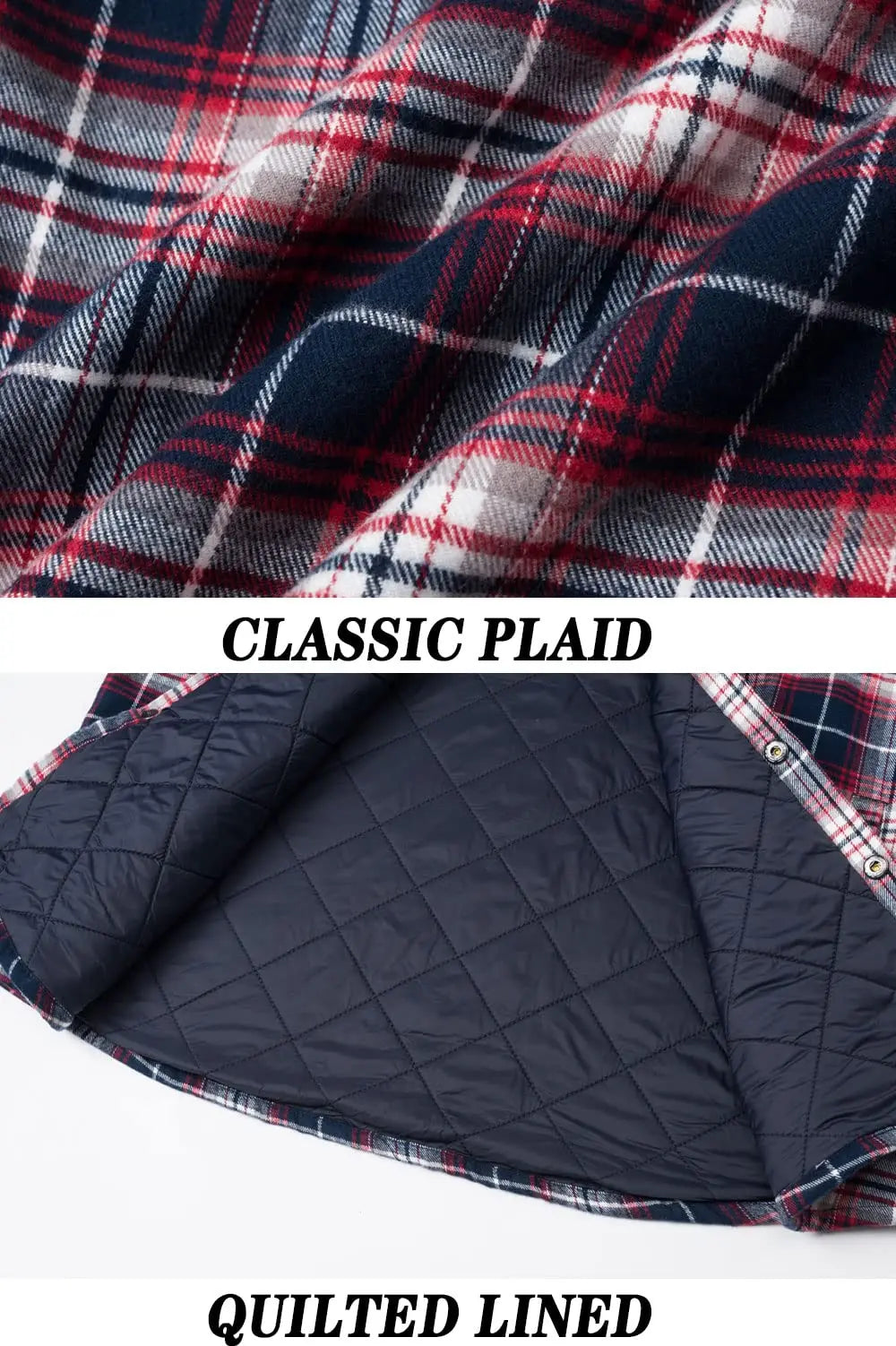 TACVASEN Winter Plaid Cotton Jackets Mens Long Sleeve Quilted Lined Flannel Shirt Jacket Multi-Pockets Outwear Hiking Coats Tops