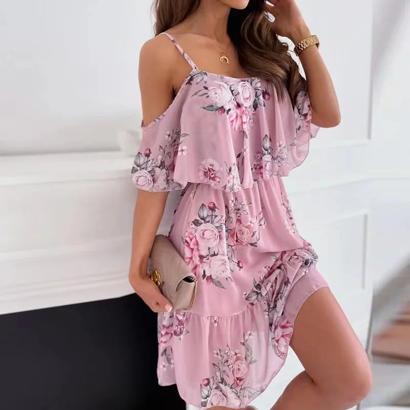 Woman Floral Print Dress Summer Spaghetti Strap Off Shoulder Sleeveless Dresses Holiday A-Line Mesh Fabric Party Dress Vestidos - AMULET RING STORE