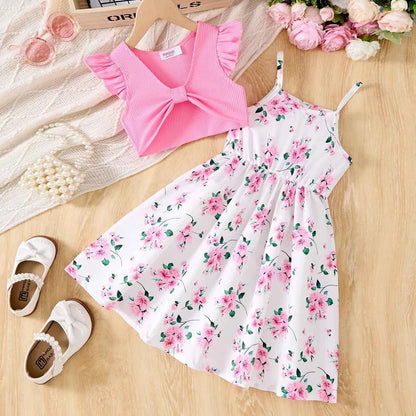 2Pcs Girls Elegant Pink Floral Print Dress Summer Sleeveless Casual Dress and Jacket Sets for Girls Festivals Outing Clothes