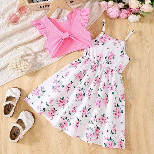 2Pcs Girls Elegant Pink Floral Print Dress Summer Sleeveless Casual Dress and Jacket Sets for Girls Festivals Outing Clothes