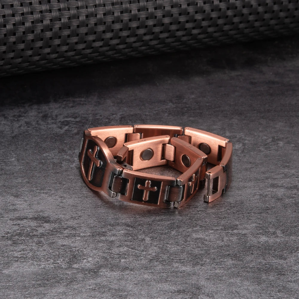 Cross Magnetic Bracelet Copper Energy 12mm Wristband Magnetic Bracelet Men Chain Link Vintage Masonic Ethnic Tribal Jewelry Men