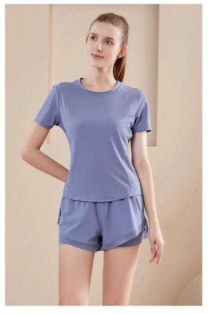 Yoga Set Women Sport T-Shirt Back Mesh Design High Waist Shorts Quick Dry Run Yoga Sports Short Sleeve Shorts Two-piece Yoga Set