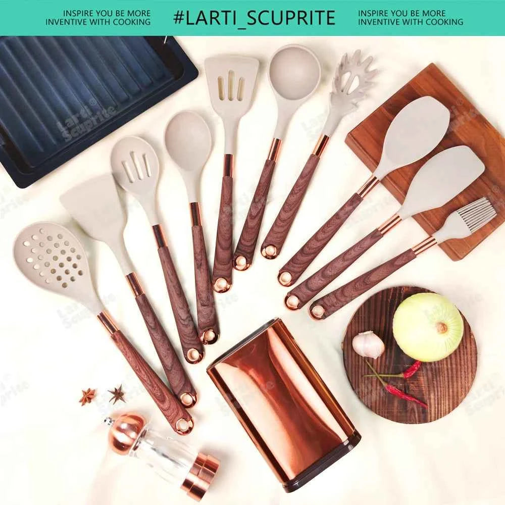 Good Quality Silicone Kitchen Utensils Set Rose Gold Plated Handle Cooking Tool Non-stick Heat Resistant Kitchenware Accessories