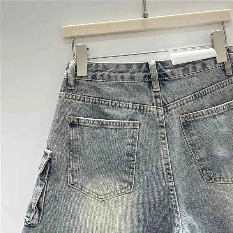 Streetwear American Vintage Heavy Industry Washed Holes and Burrs Denim Shorts Y2 Gothic Old Multi-pocket Casual Joker Pants