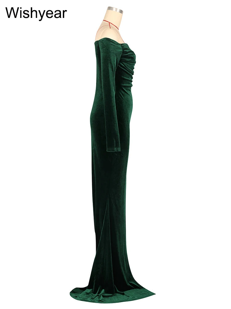 Elegant Women Velvet Off Shoulder Long Sleeve Ruched Split Mermaid Dress Luxury Wedding Evening Birthday Party Festival Vestidos - AMULET RING STORE