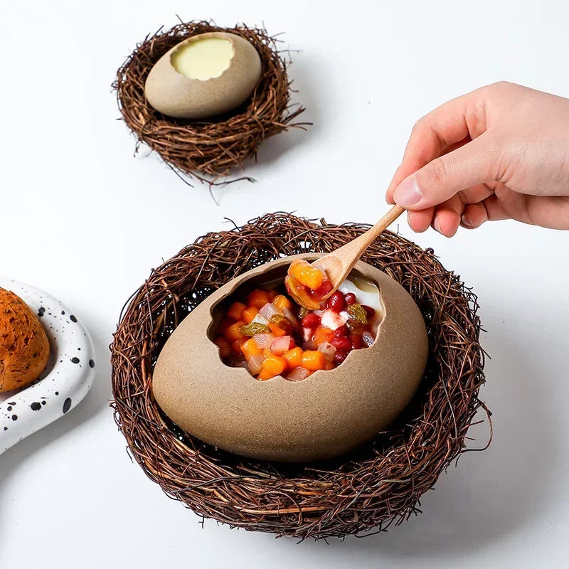 Creative Dessert Bowl Noodle Bowl Hydroponic Egg Shell Ostrich Vase Cute With Nest Home Decoration Modern Simple Ceramic Craft - AMULET RING STORE