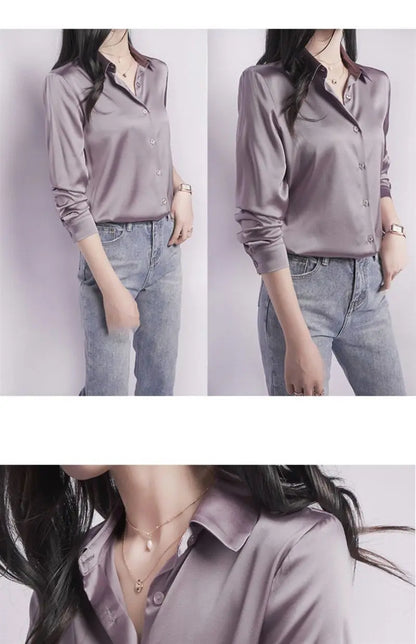 Spring Summer Casual Women's Satin Shirt Lapel Long Sleeve Blouse Loose Solid Color Office Lady Fashion Shirts Top