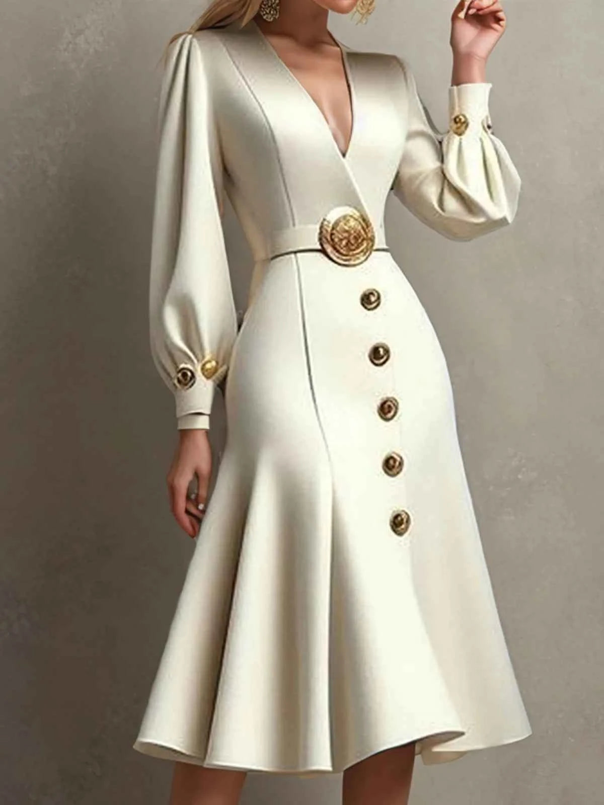 Women's Elegant Business Dress Solid V-Neck Gold Button Puff Long Sleeve British High Waist Pleated Autumn Midi Vacation Dresses