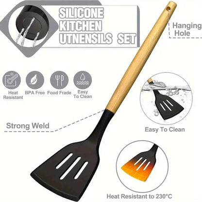 44PCS Silicone Kitchenware Non-Stick Cookware Kitchen Utensils Set Spatula Shovel Egg Beaters Wooden Handle Cooking Tool Set