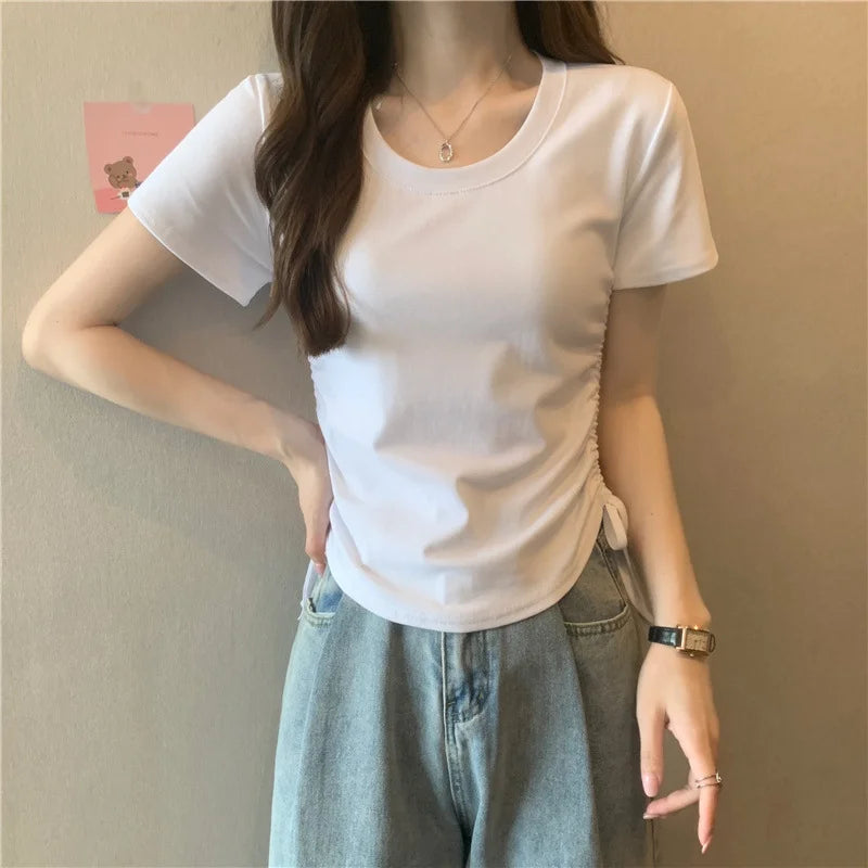 Drawstring Short Sleeve T-shirt Women Spring Summer Spicy Style Slim Fit Short Unique Top M L Xl 2XL Korean Casual Style - AMULET RING STORE