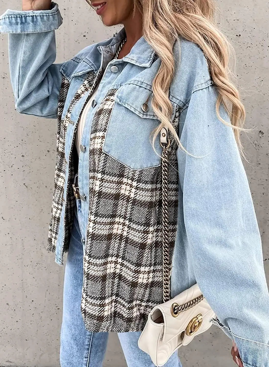 Autumn and Winter Long Sleeved Plaid Color Block Shaking Button Shirt Collar Denim Jacket for Women - AMULET RING STORE