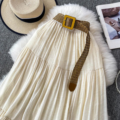 White High Waist A-Line Midi Skirt Women's Summer Casual Flared Cake Skirt Korean Sle Baking Poer Skirt for Young Women