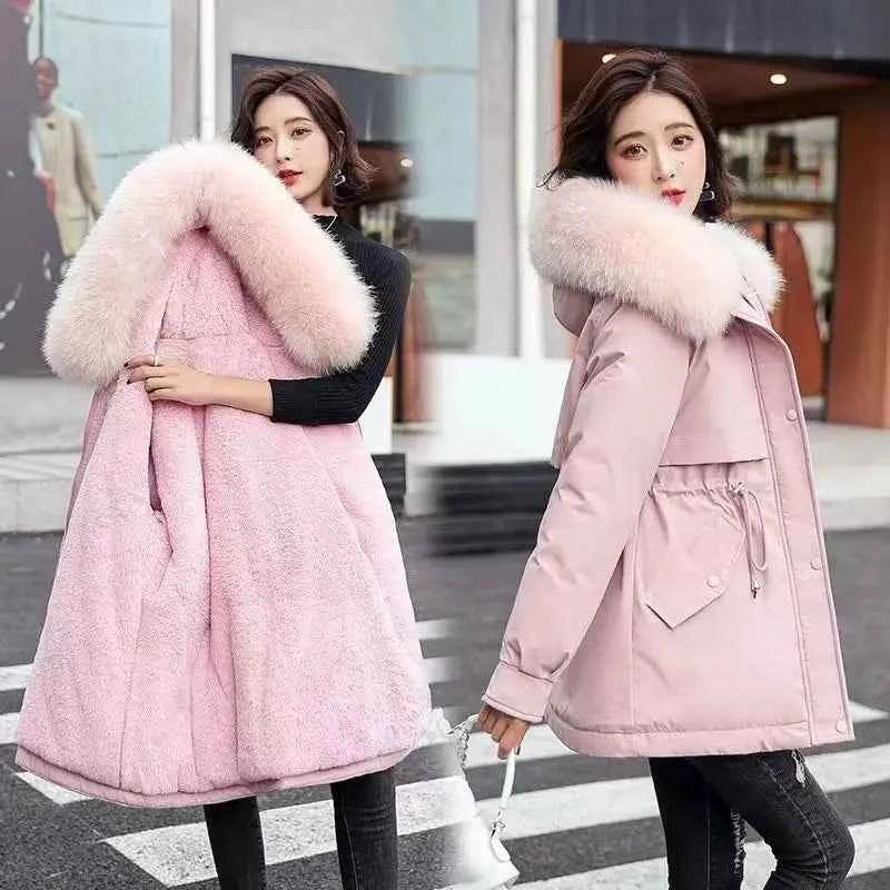 2025 Winter Women's Parka Cotton Padded Coat Korean Style Mid Length Waist Cinching Thickened for Cold Suitable for Short Girls
