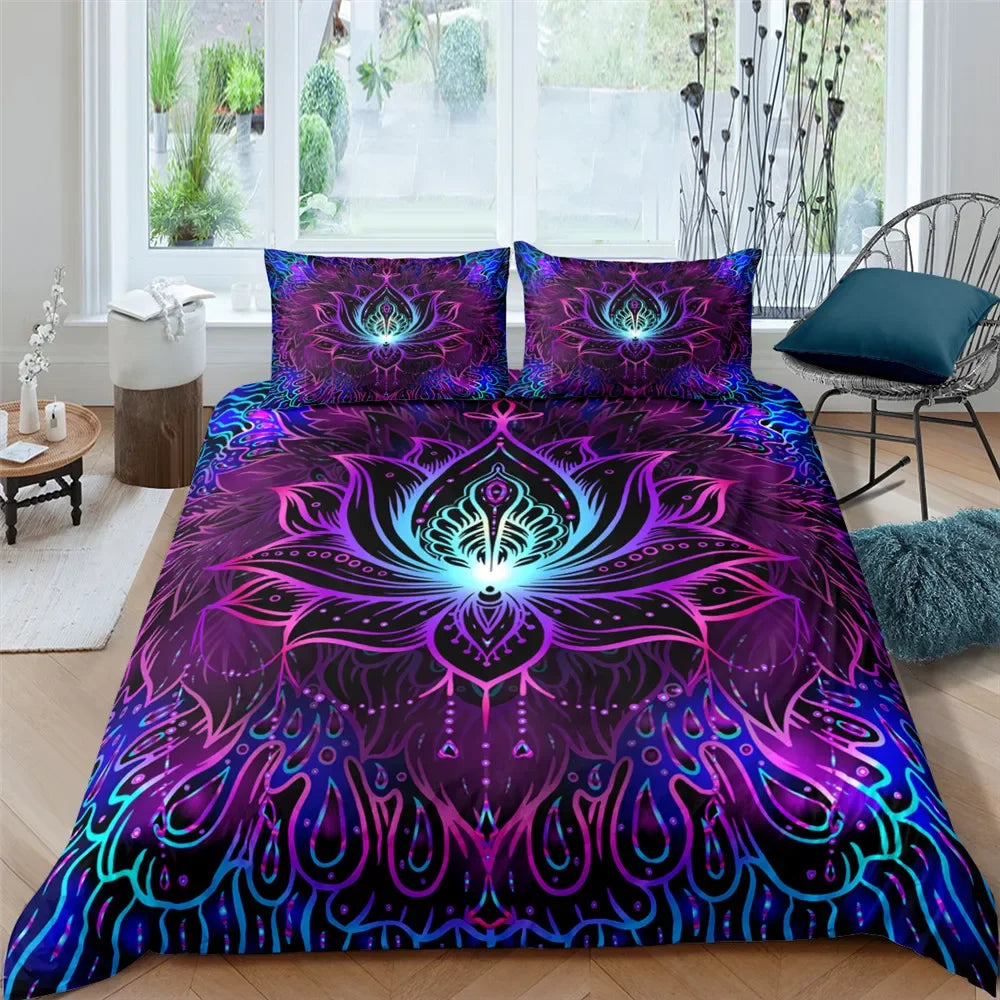 2/3pcs Bed Set Bohemian Lotus Duvet Cover Set Mandala Flower Quilt Cover Adult Black Polyester Bedding Set Queen King Twin Teens - AMULET RING STORE