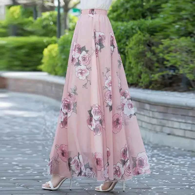 Chiffon Floral Maxi Summer Skirt Women Long High Waist Holiday Dance Skirt Elegant Beach Boho Hot Sale Lady Vintage Girl Fairy