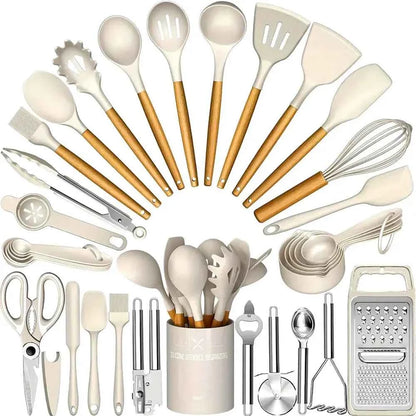 44PCS Silicone Kitchenware Non-Stick Cookware Kitchen Utensils Set Spatula Shovel Egg Beaters Wooden Handle Cooking Tool Set