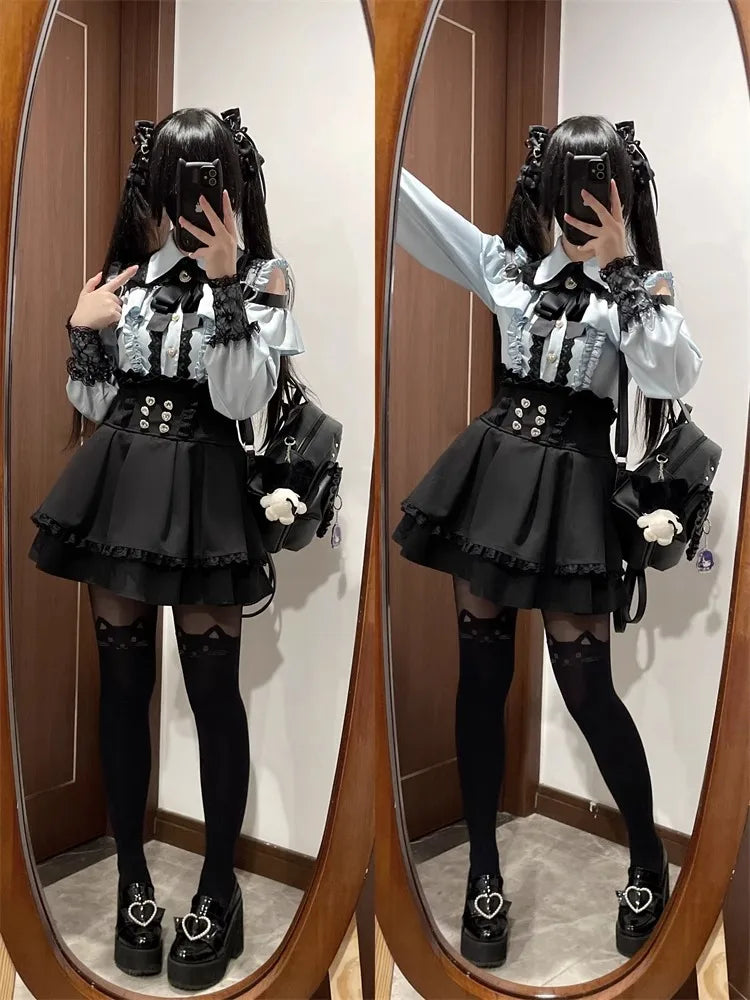 Sweet Gothic Lolita Two Piece Set, Off Shoulder Blouse + High Waist Skirt, Kawaii Tri-color Lace Coord Outfit for Women & Teens