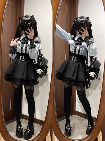Sweet Gothic Lolita Two Piece Set, Off Shoulder Blouse + High Waist Skirt, Kawaii Tri-color Lace Coord Outfit for Women & Teens