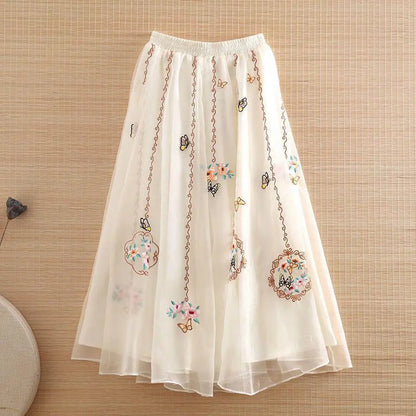 Chinese Style Retro Long Skirt Flowers Embroidered Summer Fairy Skirt Elastic Waist Gauze Skirt Party Lady A-line Skirts