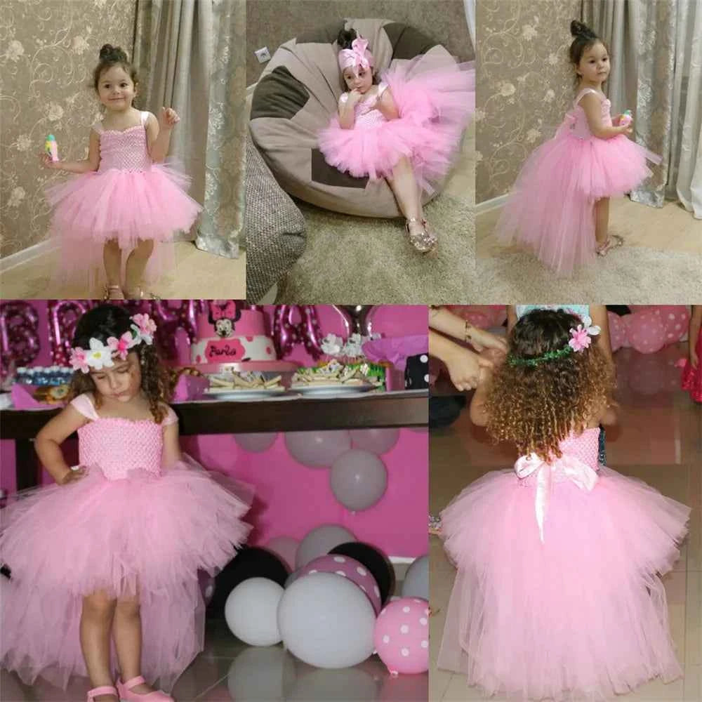 Girls Pink Black Tutu Dress V-neck Train Girl Evening Birthday Party Tulle Dresses Girl Ball Gown Dress Kids Halloween Costumes