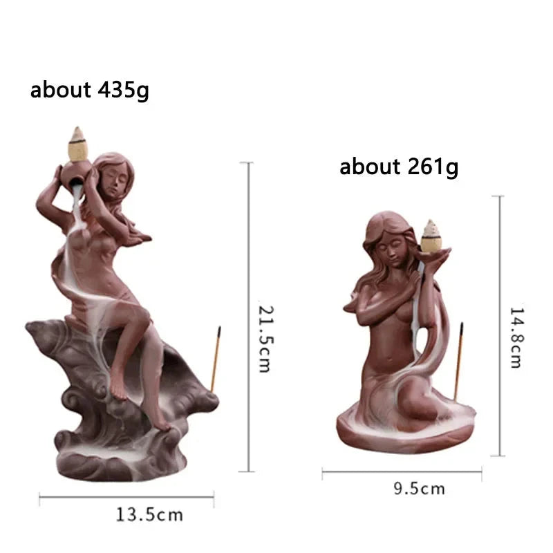 Waterfall Incense Burner Holder Backflow Ceramic Purple Sands Mermaid Cones for Home Decor Ornaments Zen Yoga Meditation Gift - AMULET RING STORE