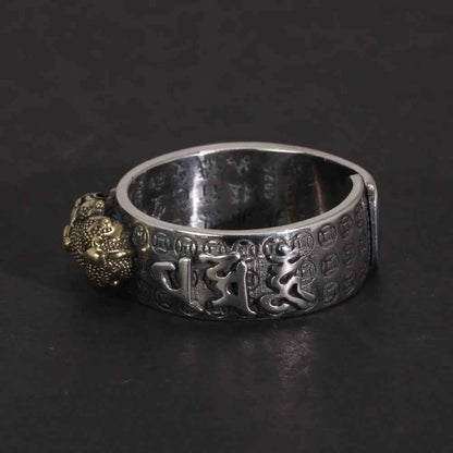 Vintage Pure Silver 999 Six Words Heart Sutra Ring Men's Adjustable Golden Pixiu Vajra Buddhist Religious Fine Jewelry